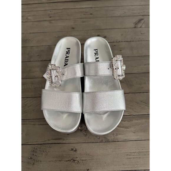Prada Silver Metallic Leather Platform Crystal Buckle Slide Sandals Size 38 8 - Picture 5 of 10